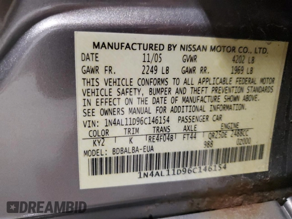 2006 Nissan Altima S with VIN 1N4AL11D96C146154, listed as a Copart auction lot 63352035 with 132,599 mi miles and Clean title. Bid and sale history available at DreamBid. Image 12.