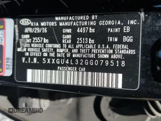 2016 Kia Optima EX with VIN 5XXGU4L32GG079518, listed as a Copart auction lot 55212595 with 176,749 mi miles and Clean Title. Bid and sale history available at carsss.com. Image 12.