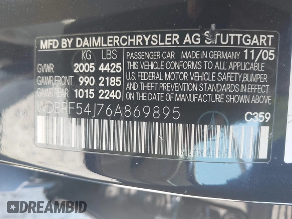2006 Mercedes-Benz C z VIN WDBRF54J76A869895, wystawiony jako IAAI lot #42145920 z przebiegiem 188 626 mil mil oraz . Historia ofert i sprzedaży dostępna na DreamBid. Obrazek 9.