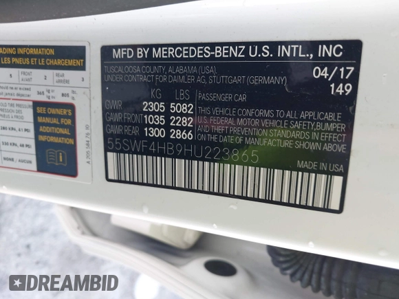 2017 Mercedes-Benz C 350e with VIN 55SWF4HB9HU223865, listed as a IAAI auction lot 38710421 with Not Provided miles and . Bid and sale history available at DreamBid. Image 9.
