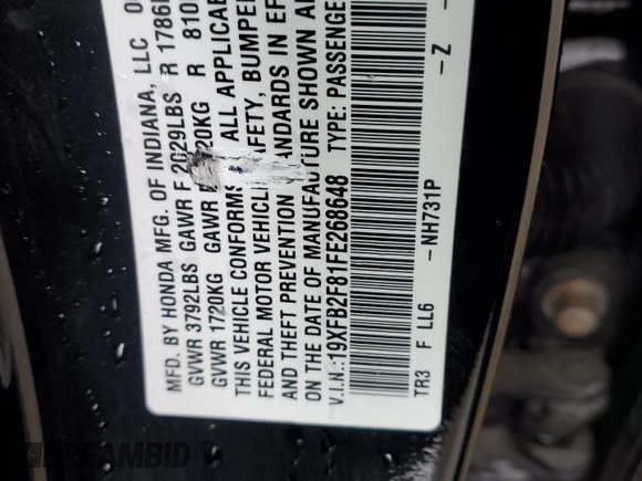 2015 Honda Civic EX with VIN 19XFB2F81FE268648, listed as a Copart auction lot 51818275 with 137,346 mi miles and Salvage Title. Bid and sale history available at carsss.com. Image 13.