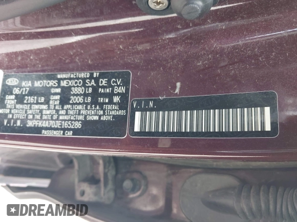 2018 Kia Forte LX with VIN 3KPFK4A70JE165286, listed as a IAAI auction lot 42128779 with 124,348 mi miles. Bid and sale history available at carsss.com. Image 9.
