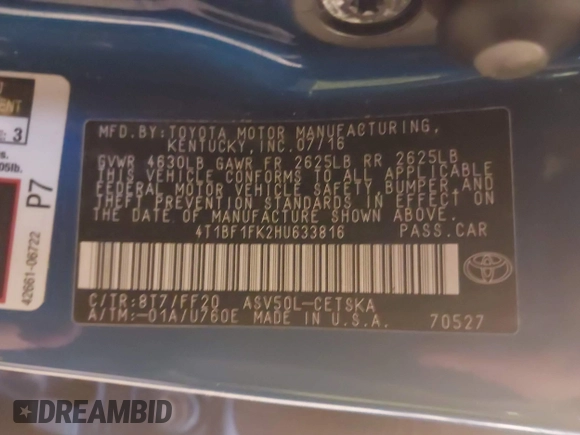 2017 Toyota Camry XLE with VIN 4T1BF1FK2HU633816, listed as a IAAI auction lot 41010588 with 73,403 mi miles and . Bid and sale history available at DreamBid. Image 9.