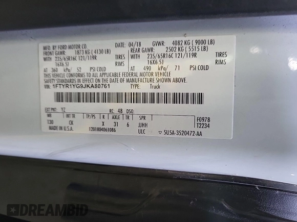 2018 Ford Transit z VIN 1FTYR1YG9JKA80761, wystawiony jako IAAI lot #42859226 z przebiegiem 132 605 mil mil oraz . Historia ofert i sprzedaży dostępna na DreamBid. Obrazek 12.