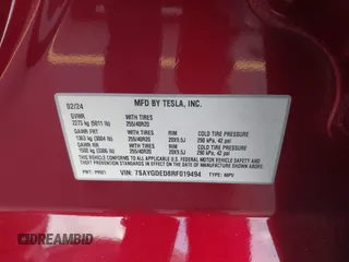 2024 Tesla Model Y с VIN 7SAYGDED8RF019494, выставлен на аукционе IAAI как лот 42336856 с пробегом 3 551 миль миль и . История ставок и продаж доступна на DreamBid. Изображение 9.