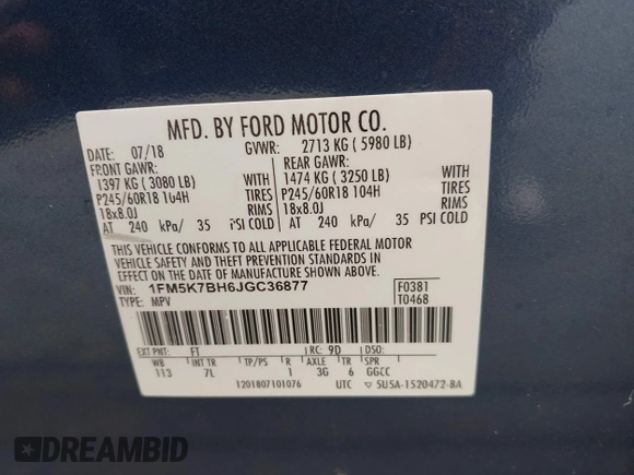 2018 Ford Explorer z VIN 1FM5K7BH6JGC36877, wystawiony jako IAAI lot #42195431 z przebiegiem 70 372 mil mil oraz . Historia ofert i sprzedaży dostępna na DreamBid. Obrazek 9.