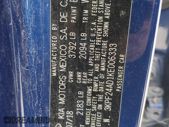2019 Kia Forte LXS with VIN 3KPF24AD1KE006333, listed as a Copart auction lot 59503955 with 163,882 mi miles and Salvage title. Bid and sale history available at DreamBid. Image 13.