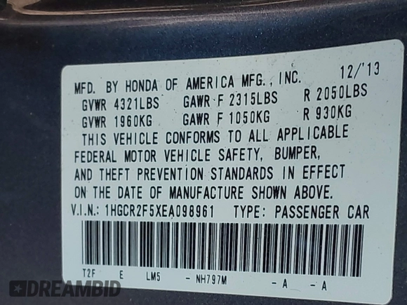 2014 Honda Accord Sport with VIN 1HGCR2F5XEA098961, listed as a IAAI auction lot 42006615 with 127,167 mi miles and . Bid and sale history available at DreamBid. Image 9.