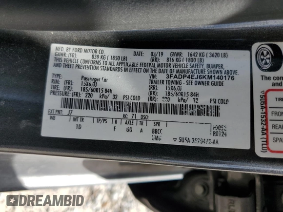 2019 Ford Fiesta SE with VIN 3FADP4EJ6KM140176, listed as a Copart auction lot 49455035 with 84,281 mi miles and Salvage Title. Bid and sale history available at DreamBid. Image 15.