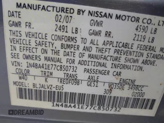 2007 Nissan Maxima SL with VIN 1N4BA41E77C850732, listed as a IAAI auction lot 42636386 with 128,565 mi miles and . Bid and sale history available at DreamBid. Image 9.