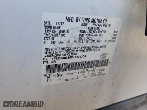 2013 Ford Explorer with VIN 1FM5K8B88DGB94304, listed as a Copart auction lot 84749444 with 204,706 mi miles and Salvage title. Bid and sale history available at DreamBid. Image 15.