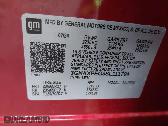 2025 Chevrolet Equinox AWD LT with VIN 3GNAXPEG3SL111704, listed as a IAAI auction lot 41194434 with 2,091 mi miles. Bid and sale history available at carsss.com. Image 9.