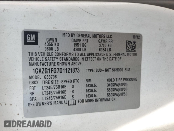 2013 Chevrolet Express Passenger LT with VIN 1GAZG1FG7D1121873, listed as a Copart auction lot 64763815 with Not provided miles and Clean title. Bid and sale history available at DreamBid. Image 13.