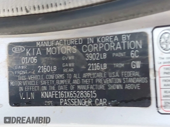 2006 Kia Spectra with VIN KNAFE161X65283615, listed as a IAAI auction lot 41955968 with 185,177 mi miles. Bid and sale history available at carsss.com. Image 9.