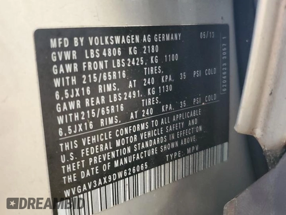 2013 Volkswagen Tiguan S with VIN WVGAV3AX9DW626065, listed as a Copart auction lot 58014145 with 128,858 mi miles and Salvage title. Bid and sale history available at DreamBid. Image 13.