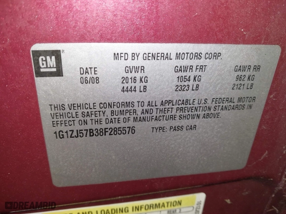 2008 Chevrolet Malibu LT w/2LT with VIN 1G1ZJ57B38F285576, listed as a IAAI auction lot 41663881 with 182,210 mi miles. Bid and sale history available at carsss.com. Image 9.