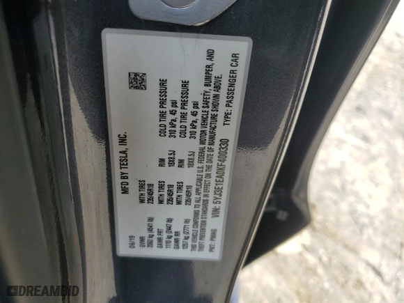 2019 Tesla Model 3 Mid Range with VIN 5YJ3E1EA0KF400330, listed as a Copart auction lot 44907585 with 38,590 mi miles and Salvage Title. Bid and sale history available at carsss.com. Image 12.