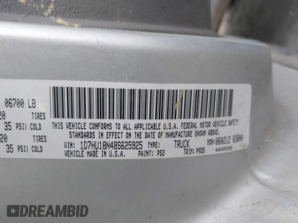 2008 Dodge 1500 SLT z VIN 1D7HU18N48S625925, wystawiony jako IAAI lot #42044038 z przebiegiem Nie podano mil oraz . Historia ofert i sprzedaży dostępna na DreamBid. Obrazek 9.