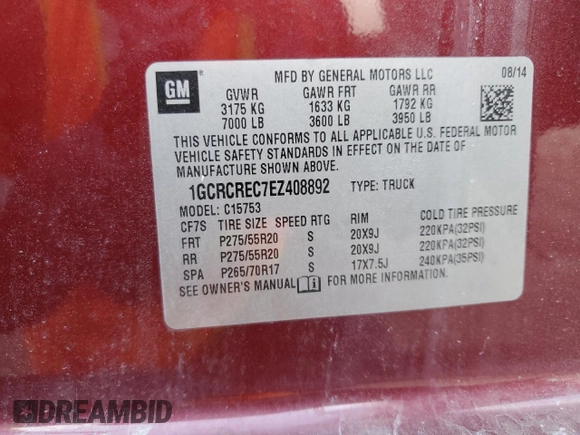2014 Chevrolet Silverado 1500 LT with VIN 1GCRCREC7EZ408892, listed as a Copart auction lot 46632465 with 78,450 mi miles and Salvage Title. Bid and sale history available at DreamBid. Image 12.