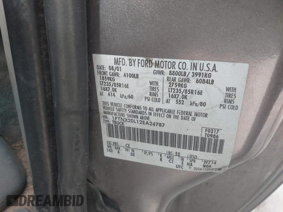 2002 Ford F-250 XL with VIN 1FTNX20L12EA24787, listed as a IAAI auction lot 41412810 with 273,908 mi miles and . Bid and sale history available at DreamBid. Image 9.