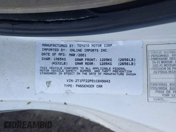 2001 Toyota Solara SE with VIN 2T1FF22P01C849843, listed as a IAAI auction lot 41665704 with Not Provided miles and . Bid and sale history available at DreamBid. Image 9.