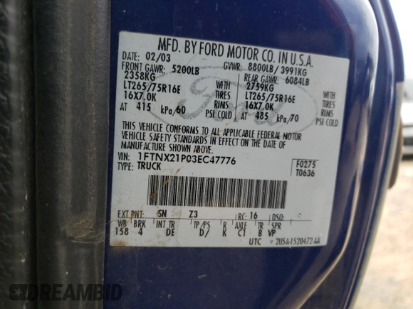 2003 Ford Super Duty F-250 XL with VIN 1FTNX21P03EC47776, listed as a Copart auction lot 46516615 with 0 mi miles and Salvage Title. Bid and sale history available at carsss.com. Image 12.