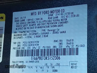 2019 Ford Mustang GT with VIN 1FA6P8CF3K5152306, listed as a IAAI auction lot 41923941 with 58,757 mi miles. Bid and sale history available at carsss.com. Image 9.