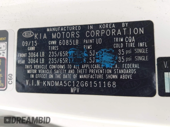 2016 Kia Sedona L with VIN KNDMA5C12G6151168, listed as a IAAI auction lot 42117087 with 99,743 mi miles. Bid and sale history available at carsss.com. Image 9.