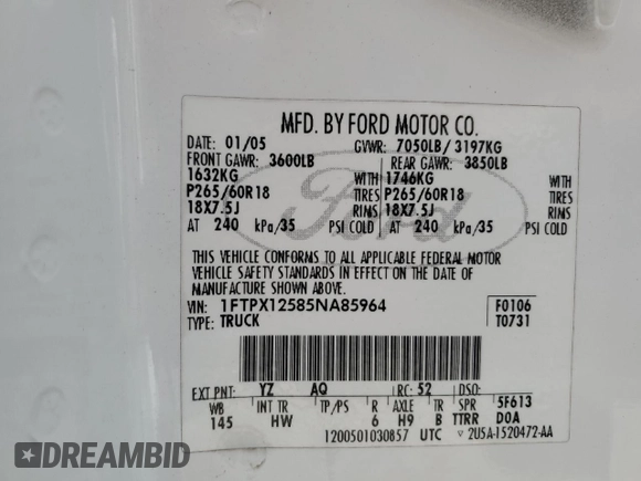 2005 Ford F-150 XLT with VIN 1FTPX12585NA85964, listed as a Copart auction lot 54928615 with 233,380 mi miles and Salvage title. Bid and sale history available at DreamBid. Image 13.