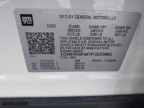 2023 Chevrolet Traverse LT Cloth with VIN 1GNERGKW7PJ223881, listed as a IAAI auction lot 41765157 with 31,613 mi miles. Bid and sale history available at carsss.com. Image 9.
