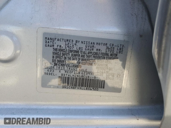 2020 Nissan Versa SR with VIN 3N1CN8FVXLL856920, listed as a Copart auction lot 47381555 with 58,570 mi miles and Salvage Title. Bid and sale history available at DreamBid. Image 12.