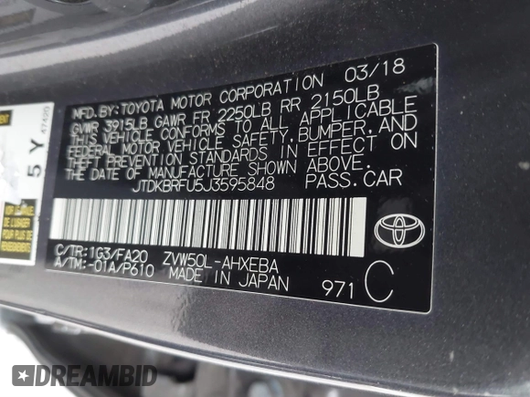 2018 Toyota Prius Two with VIN JTDKBRFU5J3595848, listed as a IAAI auction lot 41559864 with 190,346 mi miles and . Bid and sale history available at carsss.com. Image 9.