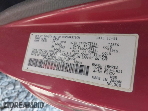 1992 Toyota Pickup with VIN JT4RN81A2N0096073, listed as a IAAI auction lot 41886580 with 254,791 mi miles and . Bid and sale history available at DreamBid. Image 9.
