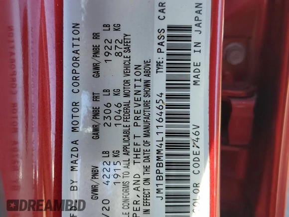 2020 Mazda 3 Preferred with VIN JM1BPBMM4L1164654, listed as a Copart auction lot 76779914 with Not provided miles and Salvage title. Bid and sale history available at DreamBid. Image 12.