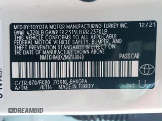 2021 Toyota C-HR LE z VIN NMTKHMBX2MR140040, wystawiony jako Copart lot #50598335 z przebiegiem Nie podano mil oraz Szkoda całkowita • Salvage title. Historia ofert i sprzedaży dostępna na DreamBid. Obrazek 14.