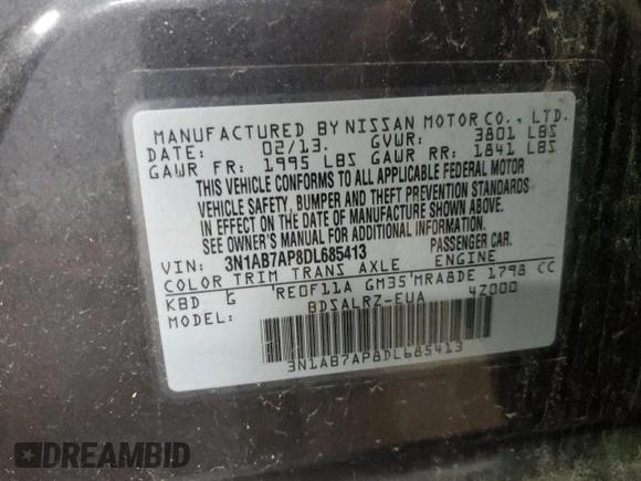 2013 Nissan Sentra SL with VIN 3N1AB7AP8DL685413, listed as a Copart auction lot 50060235 with 90,138 mi miles and Salvage Title. Bid and sale history available at DreamBid. Image 13.