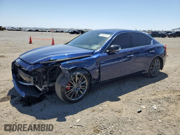 2019 Infiniti Q50 Red Sport 400 with VIN JN1FV7AP4KM761032, listed as a Copart auction lot 57807915 with 85,471 mi miles and Salvage title. Bid and sale history available at DreamBid. Image 1.