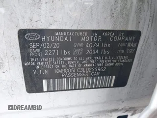 2020 Hyundai Ioniq Limited with VIN KMHC05LC3LU233962, listed as a IAAI auction lot 41864980 with 111,258 mi miles and . Bid and sale history available at DreamBid. Image 9.