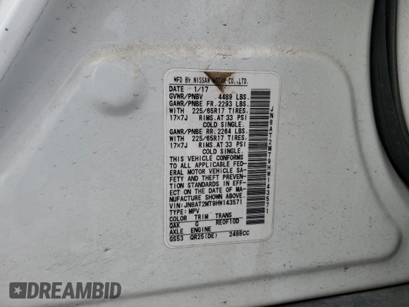 2017 Nissan Rogue SV z VIN JN8AT2MT9HW143571, wystawiony jako Copart lot #53751385 z przebiegiem 105 333 mil mil oraz Szkoda całkowita • Salvage title. Historia ofert i sprzedaży dostępna na DreamBid. Obrazek 15.