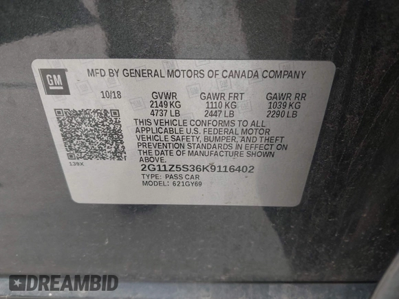 2019 Chevrolet Impala LT with VIN 2G11Z5S36K9116402, listed as a IAAI auction lot 41952716 with 158,569 mi miles and . Bid and sale history available at DreamBid. Image 9.