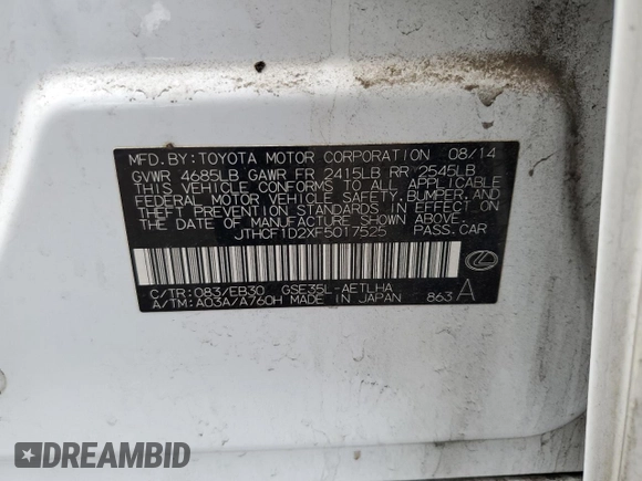 2015 Lexus IS 250 with VIN JTHCF1D2XF5017525, listed as a Copart auction lot 51175075 with 119,948 mi miles and Salvage Title. Bid and sale history available at DreamBid. Image 14.
