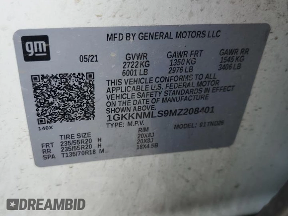 2021 GMC Acadia SLT with VIN 1GKKNMLS9MZ208401, listed as a Copart auction lot 62383745 with 135,613 mi miles and Salvage title. Bid and sale history available at DreamBid. Image 13.