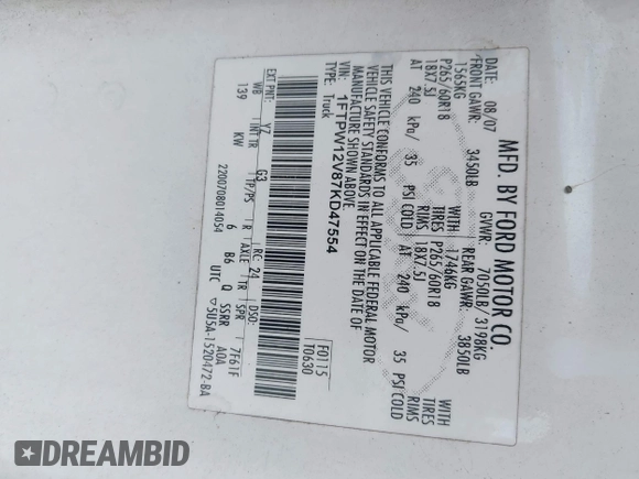 2007 Ford F-150 XLT с VIN 1FTPW12V87KD47554, выставлен на аукционе IAAI как лот 42619051 с пробегом 183 962 миль миль и . История ставок и продаж доступна на DreamBid. Изображение 9.