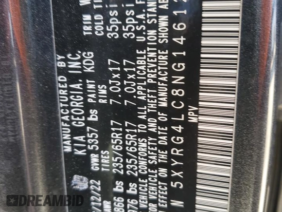 2022 Kia Sorento LX with VIN 5XYRG4LC8NG146129, listed as a Copart auction lot 41625855 with 59,461 mi miles and Salvage Title. Bid and sale history available at carsss.com. Image 15.