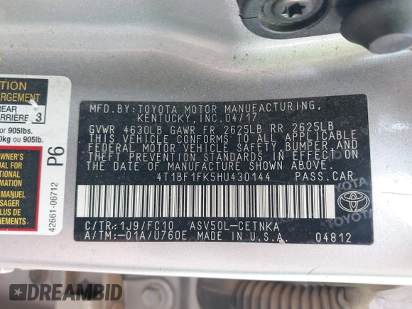 2017 Toyota Camry XLE with VIN 4T1BF1FK5HU430144, listed as a IAAI auction lot 42124047 with 113,926 mi miles and . Bid and sale history available at DreamBid. Image 9.