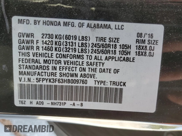2017 Honda Ridgeline RTL-T z VIN 5FPYK3F63HB009760, wystawiony jako Copart lot #57473615 z przebiegiem 78 203 mil mil oraz Szkoda całkowita • Salvage title. Historia ofert i sprzedaży dostępna na DreamBid. Obrazek 12.