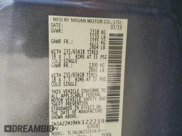 2019 Nissan Murano S with VIN 5N1AZ2MJ9KN122219, listed as a Copart auction lot 51909995 with 61,598 mi miles and Salvage Title. Bid and sale history available at DreamBid. Image 13.