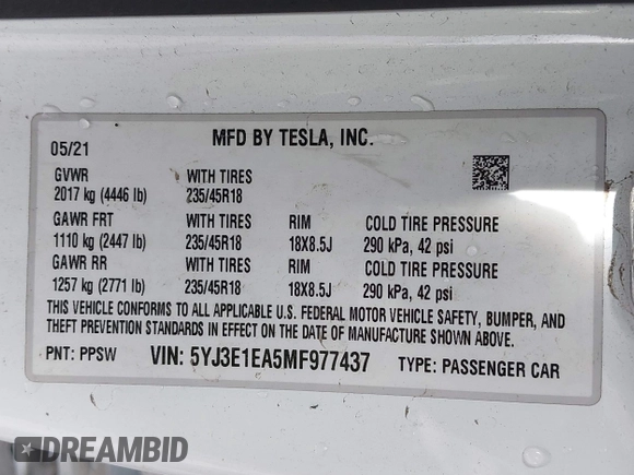 2021 Tesla Model 3 Standard Range Plus z VIN 5YJ3E1EA5MF977437, wystawiony jako IAAI lot #40297512 z przebiegiem 72 039 mil mil oraz . Historia ofert i sprzedaży dostępna na DreamBid. Obrazek 9.