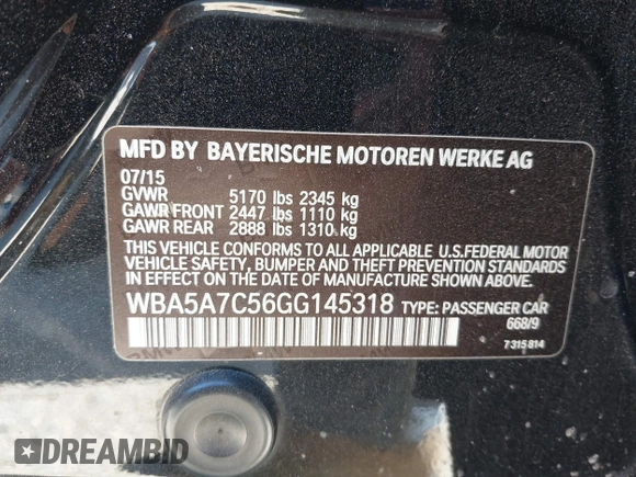 2016 BMW 5 Series 528i xDrive with VIN WBA5A7C56GG145318, listed as a IAAI auction lot 41414556 with 122,879 mi miles. Bid and sale history available at carsss.com. Image 9.