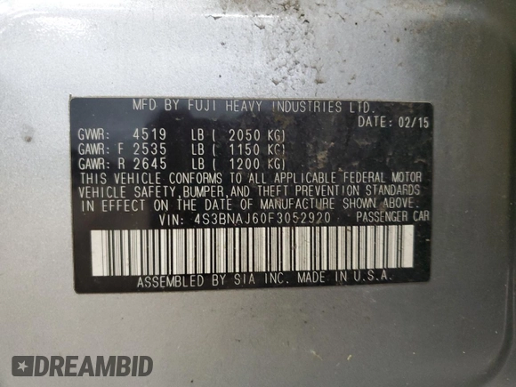 2015 Subaru Legacy Limited with VIN 4S3BNAJ60F3052920, listed as a Copart auction lot 64023325 with 146,141 mi miles and Clean title. Bid and sale history available at DreamBid. Image 12.
